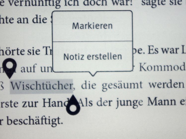 In E-Books kann man beim Tolino Shine einfach Markierungen setzen und Notizen erstellen.
