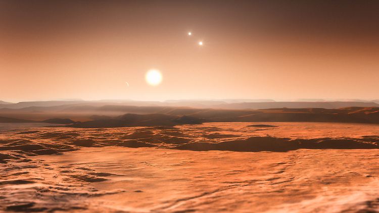 Die künstlerische Darstellung zeigt den Blick von Gliese 667Cd in Richtung des Muttersterns Gliese 667C, in dessen Nähe Astronomen mindestens sechs Planeten nachgewiesen haben.