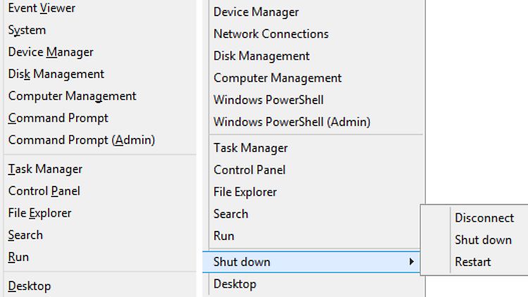 Links das Menü, das man unter Windows 8 mit "Windows-Taste + X" erreicht, rechts das neue Menü des Start-Buttons von Windows 8.1.