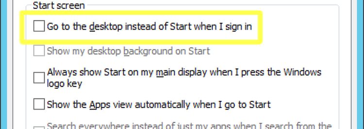 Im Taskleisten-Menü kann man unter "Navigation" festlegen, dass der Rechner direkt in den Desktop-Modus startet.