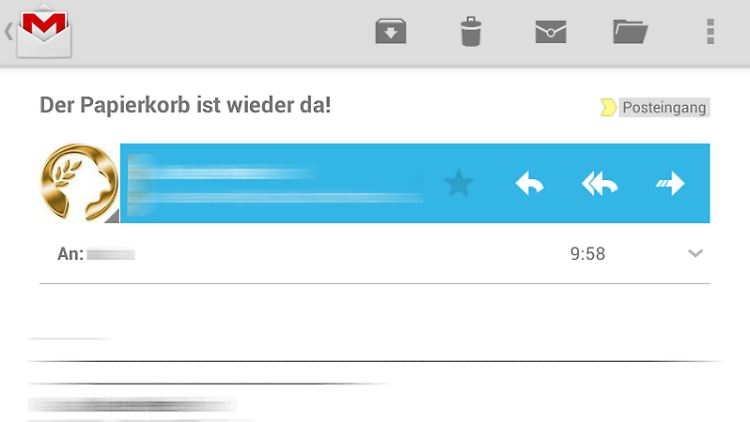 Die Gmail-App zeigt den Lösch-Knopf jetzt wieder voreingestellt an.