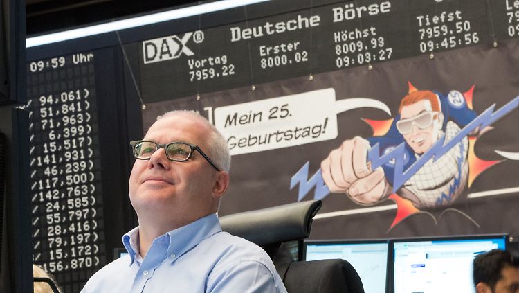 Da, wo alle hinschauen: Zum 25. Geburtstag spendiert die Deutsche Börse ein launiges "Dax-Man"-Transparent - das mit voller Absicht die Dax-Kurve verdeckt.