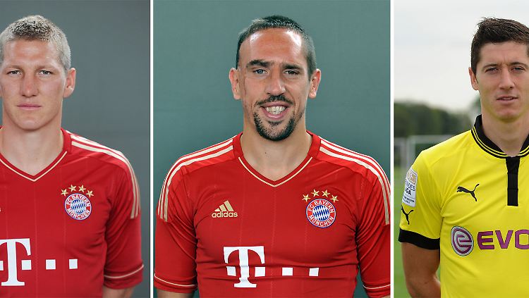 Vier der fünf Kandidaten: Arjen Robben, Bastian Schweinsteiger, Franck Ribery und BVB-Stürmer Robert Lewandowski. Der ebenfalls nominierte Bayern-Star Thomas Müller passte nicht mehr mit aufs Bild.