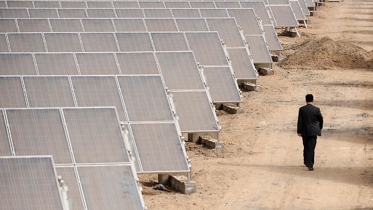 Ein Mann spaziert durch ein Meer aus Solarpaneln im neu gebauten Kraftwerk in Aksu: Weitere Kraftwerke sollen folgen.