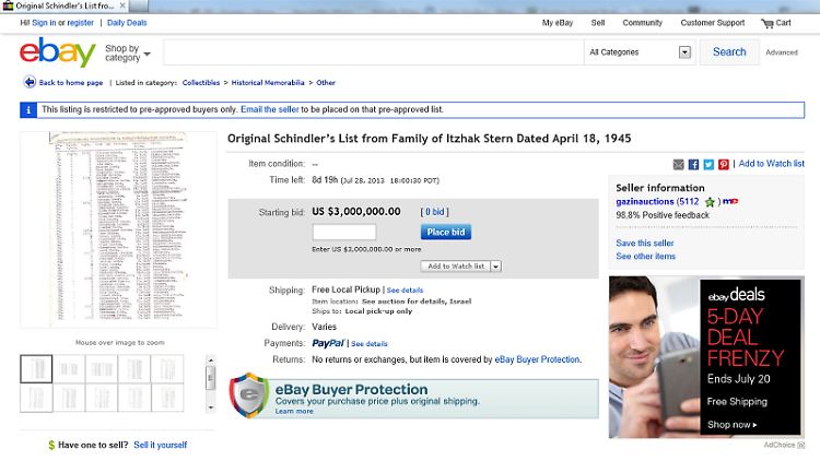 Das Angebot bei Ebay: Bislang - Stand Samstagmorgen - hat noch keine die Mindestsumme von drei Millionen Dollar geboten.