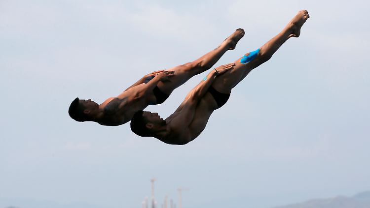 Zwei griechische Wasserspringer machen sich lang für den Erfolg bei der Schwimm-WM - ihr Land reckt sich nach den Hilfen.