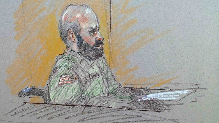 Nidal Hasan, festgehalten von einem Gerichtszeichner.