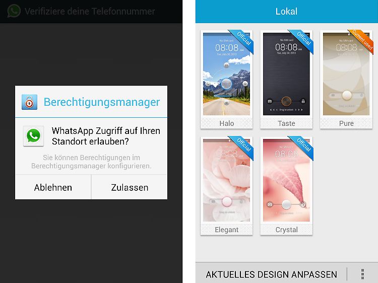Der Berechtigungsmanager hilft beim Datenschutz, für die individuelle Gestaltung stehen viele unterschiedliche Designs zur Verfügung.