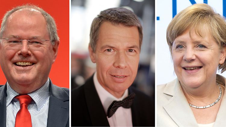 Peter Kloeppel (M.) hat nacheinander beide Kanzlerkandidaten zu Gast - zunächst Peer Steinbrück, eine Woche später Angela Merkel.