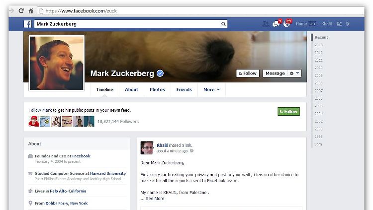 Facebook-Chef Mark Zuckerberg erhielt einen Fehlerbericht über eine Schwachstelle direkt in seine Timeline.