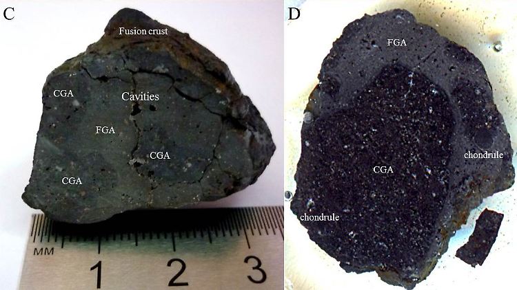 In den kleinen Stücken des gigantischen Meteoriten ist die Schmelzkruste mit bloßem Auge zu erkennen.