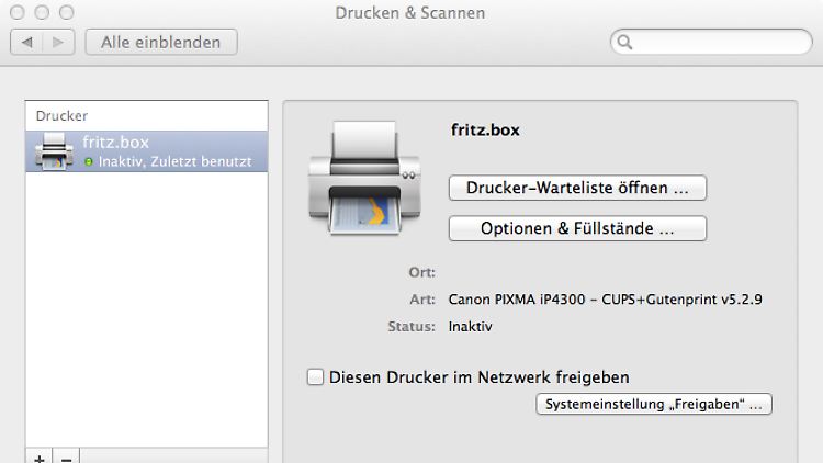 So wird beispielsweise ein Canon Pixma iP4300 angezeigt, der als Netzwerk-Drucker an der Fritzbox hängt.