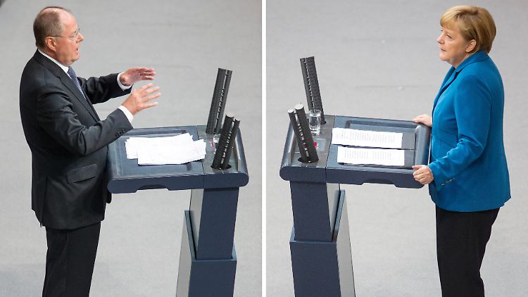 Alle wichtigen Köpfe der Parteien dürfen mal ran - doch die Debatte steht im Zeichen des Duells Steinbrück gegen Merkel.