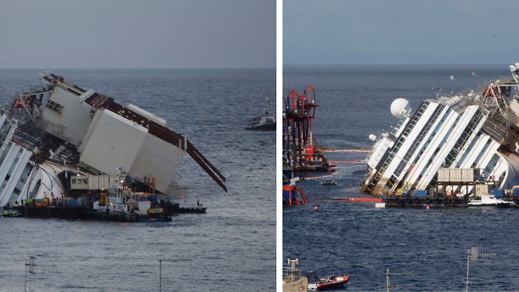 Die beiden Bilder zeigen, wie wenig sich die "Costa Concordia" binnen acht Stunden bewegt.