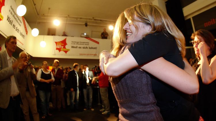Unterstützer der Initiative "Unser Hamburg Unser Netz" jubeln bei der Wahlparty der Unterstützer des Volksentscheids.