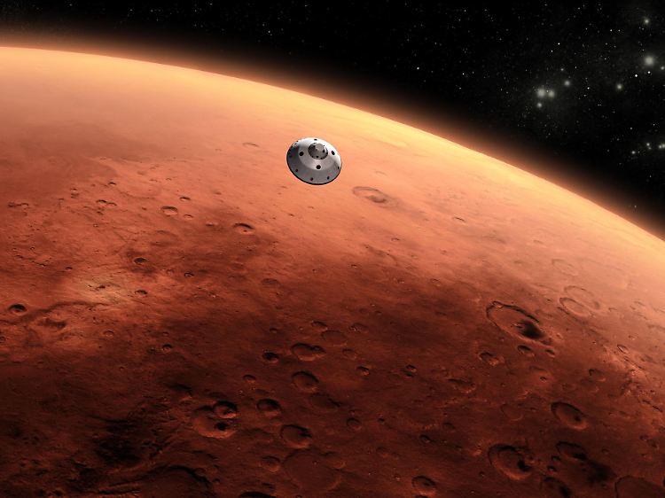 Die Darstellung zeigt den Anflug des Mars-Rovers "Curiosity".
