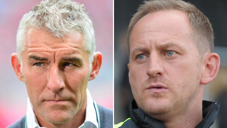 Hannovers Trainer Mirko Slomka (links) und Braunschweigs Trainer Torsten Lieberknecht appellieren an die Fans, das Spiel gewaltfrei zu verbringen.