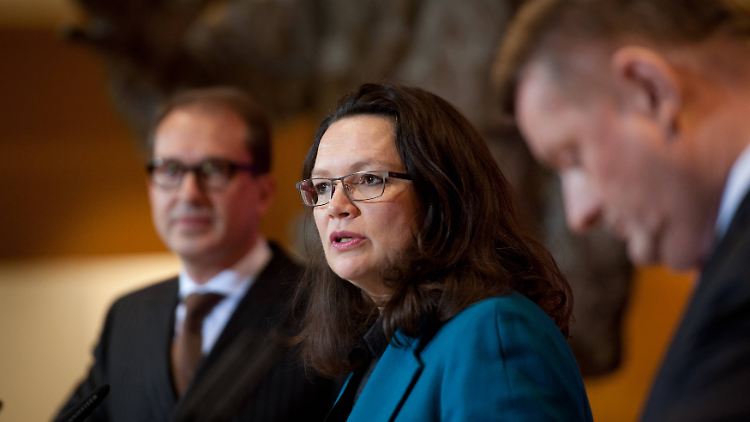 Bisher wartet Andrea Nahles - hier mit den Generalsekretären von CDU und CSU, Dobrindt (l.) und Gröhe - vergeblich auf die "eierlegende Wollmilchsau".