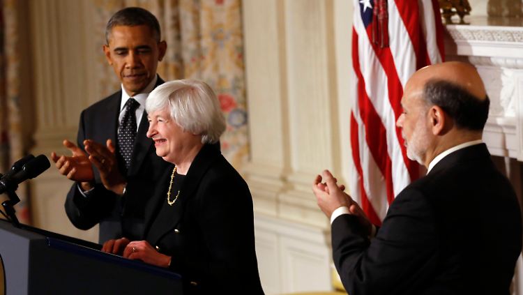 Applaus für Janet Yellen: Nicht nur Ben Bernanke (r.) und Barack Obama (l.) denken so.