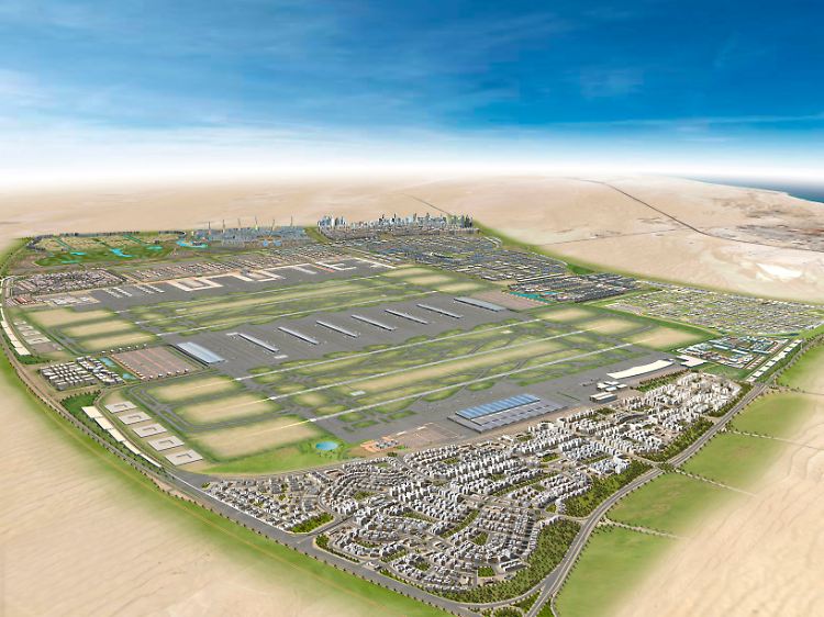 Mehr Piste, Passagier, Platz und Business als BER, FRA und MUC zusammen: So stellen sich die Planer das "Dubai World Center" vor (Computergrafik).