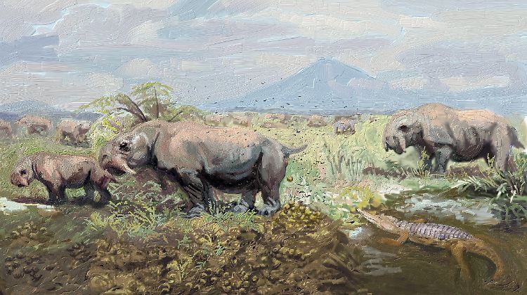 Grafik von Nashorn-ähnlichen Pflanzenfressern (Dicynodontia Kannemeyeriidae) beim Benutzen einer "Latrine".