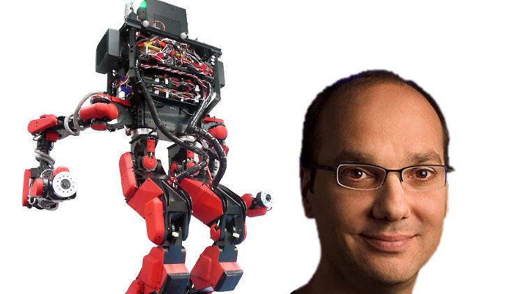 Android-Erfinder Andy Rubin und ein Roboter der von Google gekauften japanischen Firma Shaft.