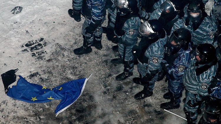 Bild mit Symbolcharakter: Ein einzelner Demonstrant steht mit einer EU-Flagge den Polizisten gegenüber.