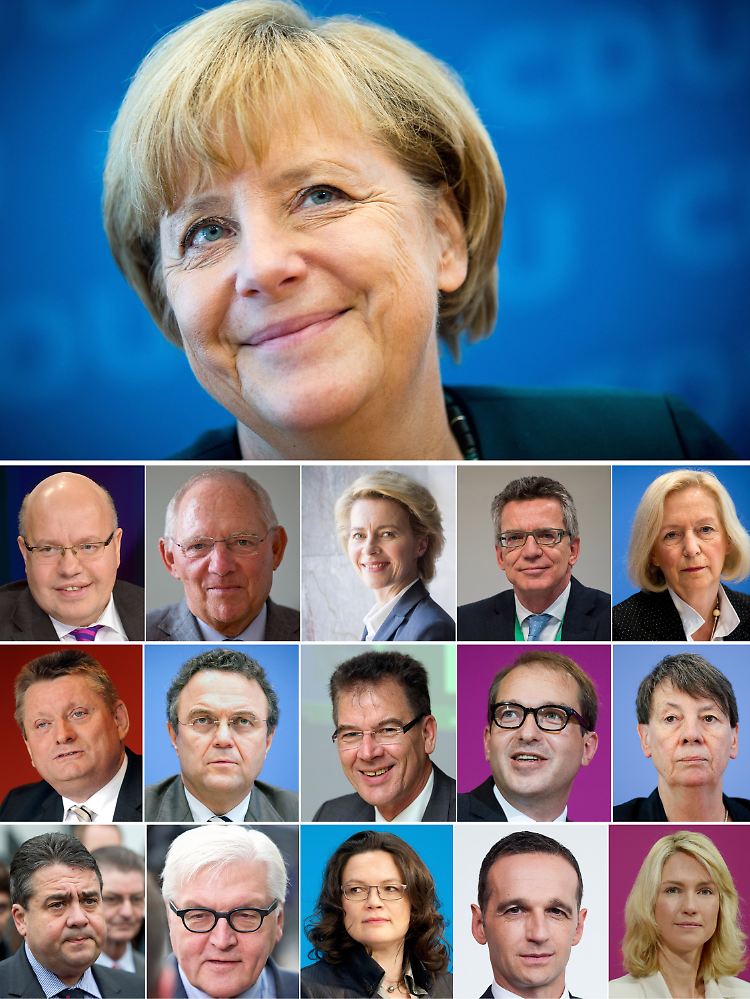 Merkel und ihr Kabinett: Oben: Altmaier, Schäuble, von der Leyen, de Maizière, Wanka (alle CDU). Mitte: Gröhe (CDU), Friedrich, Müller, Dobrindt (alle CSU), Hendricks (SPD). Unten: Gabriel, Steinmeier, Nahles, Maas, Schwesig (alle SPD).
