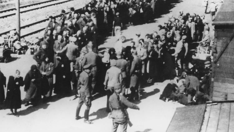 Ungarische Juden bei der Selektion auf der Rampe von Auschwitz.