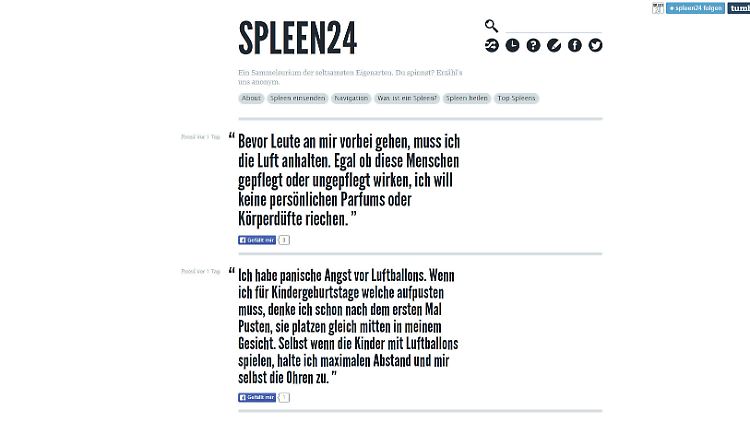Ein Screenshot von dem Blog "Spleen24", wo Menschen ihre verschiedenen Macken posten können.