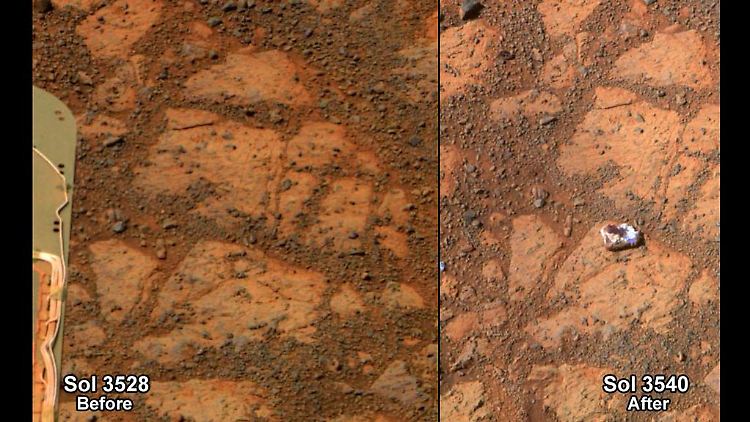 "Opportunity" war - so sah es aus - auf einen Stein gestoßen, der zwei Wochen zuvor noch nicht dort gelegen hatte. Er gab den Forschern Rätsel auf.