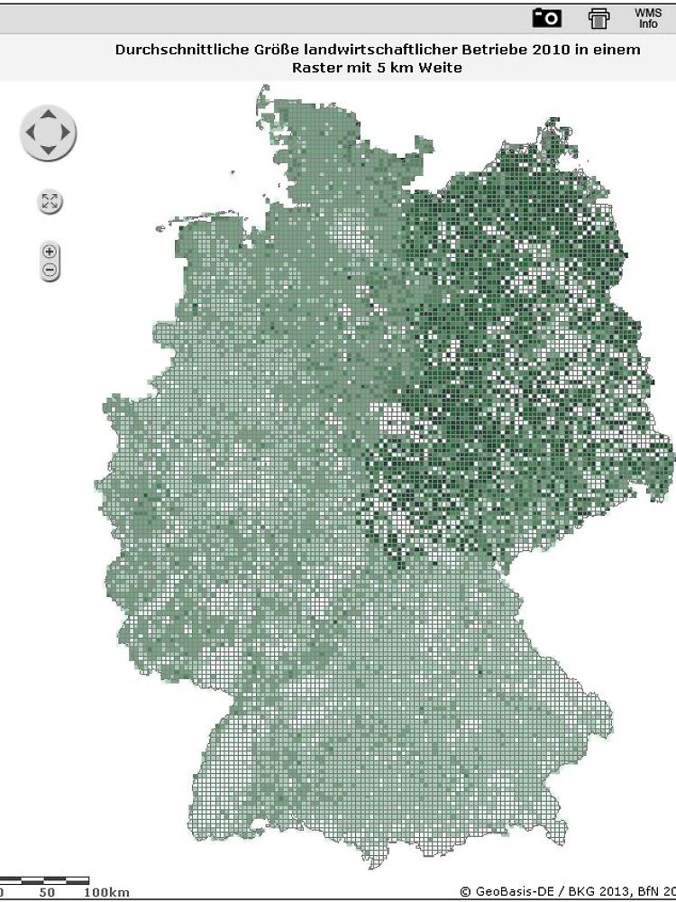 Im Osten sind die Felder größer: Deutschland im 5-Kilometer-Raster nach landwirtschaftlichen Betriebsgrößen.