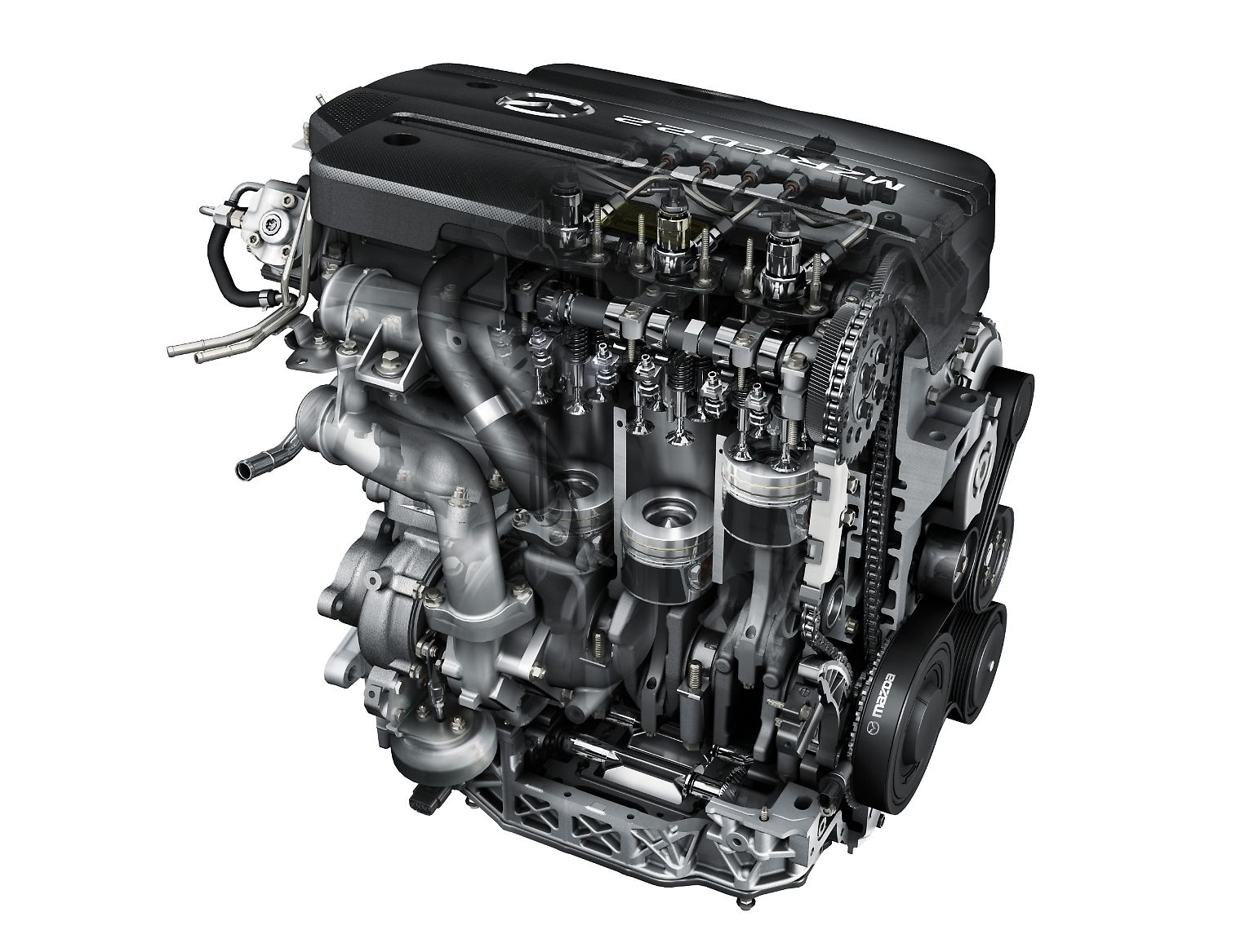So sieht ein 4-Takt-Dieselmotor mit variabler Turbinengeometrie, Ladeluftkühlung und Ausgleichswelleneinheit aus. 