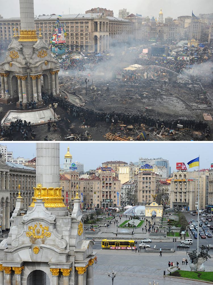 Der Maidan vor und nach dem Gewaltausbruch. Das Foto oben wurde am 19. Februar 2014 aufgenommen, das darunter am 20. April 2012.