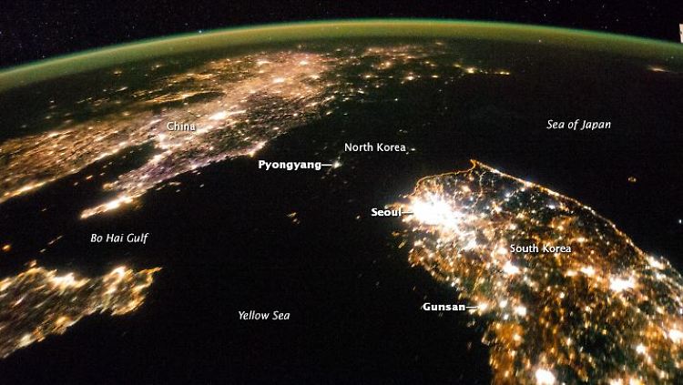 China und Südkorea sind deutlich zu sehen, Nordkorea nicht.