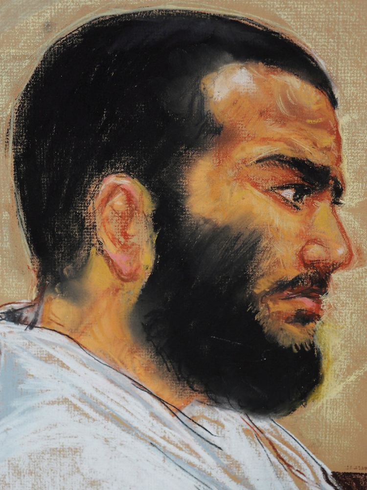 Omar Khadr auf dem Bild einer Gerichtszeichnerin. In einem ersten Schritt sollen die 15 Geschworenen ausgewählt werden - allesamt Mitglieder des US-Militärs.