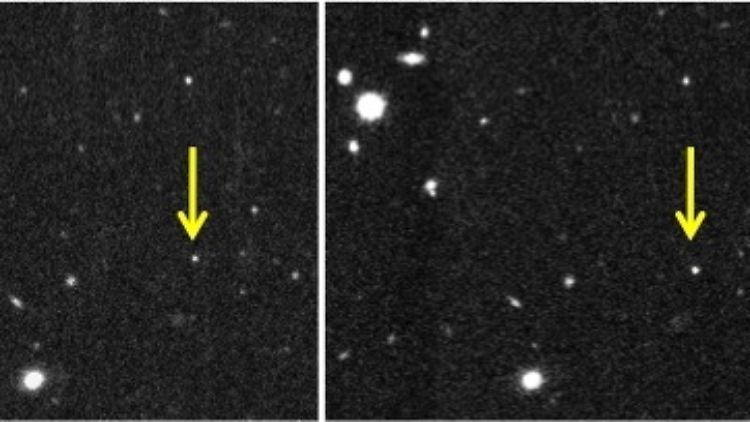 Bilder der Entdeckung von Objekt 2012 VP113 im Abstand von zwei Stunden. Die Bewegung von VP113 hebt sich deutlich von den anderen Sternen und Galaxien ab.