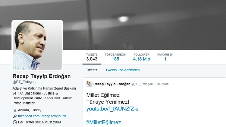 Auch Erdogan selbst ist auf Twitter aktiv - sein letzter Tweet ist vom 20. März.
