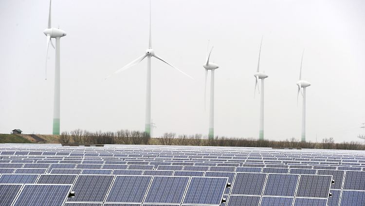 Solar- und Windkraftanlagen im Friedrich-Wilhelm-Lübke-Koog (Schleswig-Holstein).