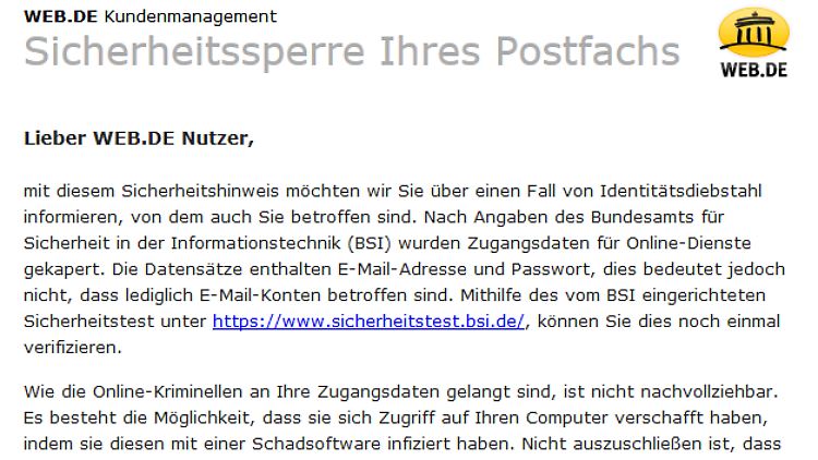 So sieht eine echte Warnung aus, die Web.de-Kunden nach Sperrung ihres Logins erhalten.