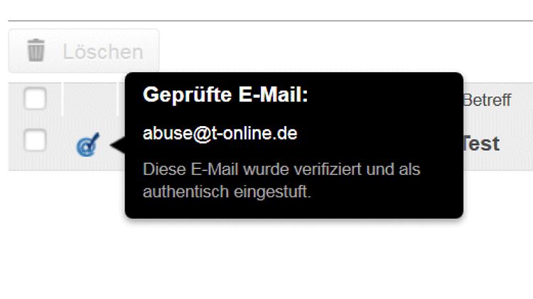 Eine zertifizierte E-Mail der Telekom erkennt man an einem kleinen blauen Symbol.