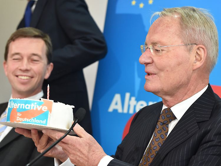 Kleine Torte für große Kritikerschar: Hans-Olaf Henkel gratuliert AfD-Chef Bernd Lucke zum Einjährigen.