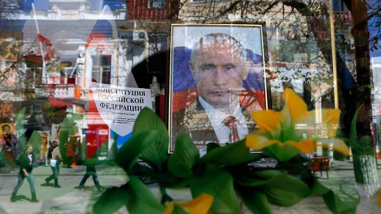 Ein Putin-Portrait in einem Schaufenster in der Krimstadt Sinferopol. Die Ereignisse in der Ukraine werfen ihre Schatten bis nach Deutschland.