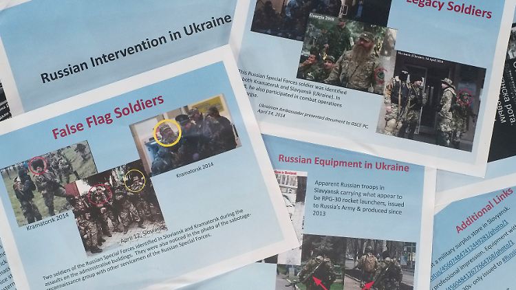 Dieser Fotosatz zeigt einen bärtigen Mann mit einer Militärmütze in mehreren Einstellungen. Die Bildunterschriften behaupten, ein Bild wurde in Georgien 2008, zwei andere in Kramatorsk und Slawjansk in diesem Jahr aufgenommen. Das Dokument markiert den bärtigen Mann als " Soldat der russischen Spezialeinheiten".