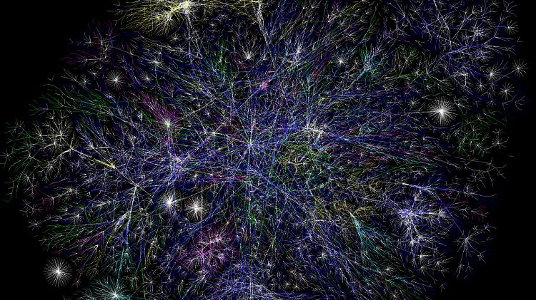 Die Grafik zeigt die Vernetzung der Domains net, ca, us (blau), com, org (grün), mil, gov, edu (rot) jp, cn, tw, au (gelb), de, uk, it, pl, fr (rosa) br, kr, nl (türkis) unbekannt (weiß) im Internet.