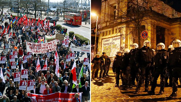 Die Kundgebung des DGB an den Landungsbrücken in Hamburg und Demonstrationen vor dem Kulturzentrum "Rote Flora".