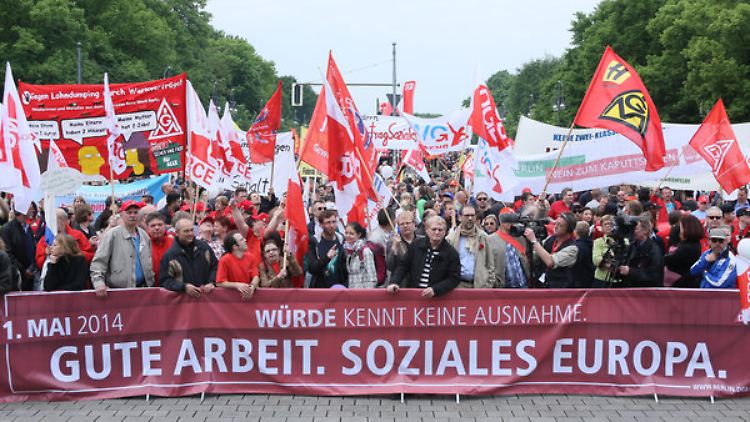 Bundesweit wurden auf den Mai-Kundgebungen - wie hier Berlin - für einen Mindestlohn ohne Ausnahmen demonstriert.