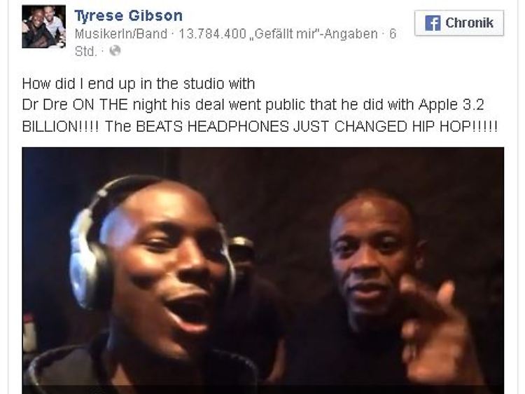 Bis zum frühen Morgen (Ortszeit US-Ostküste) online und für alle Welt sichtbar: "Dr. Dre" feiert bei Facebook den Milliardendeal - und bekommt für das Video 46.000 "Likes".