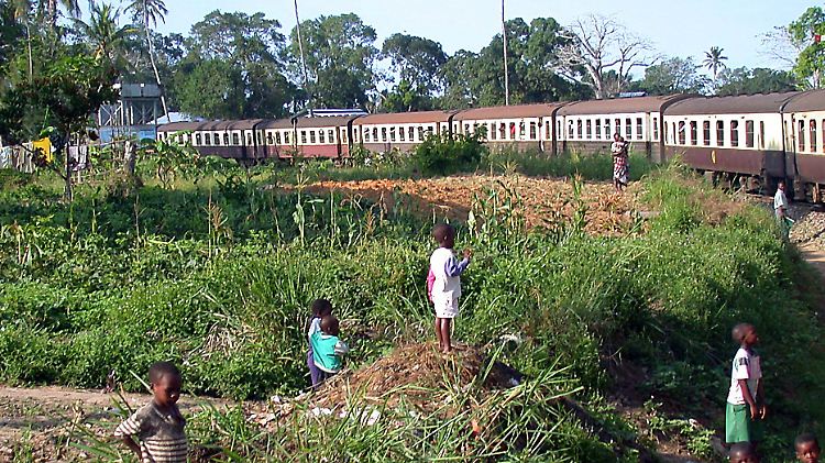 Kinder winken den Fahrgästen des Zuges Nairobi-Mombasa während der Fahrt zu. Für eine Milliardensumme soll eine neue Bahnstrecke die beiden kenianischen Städte verbinden.