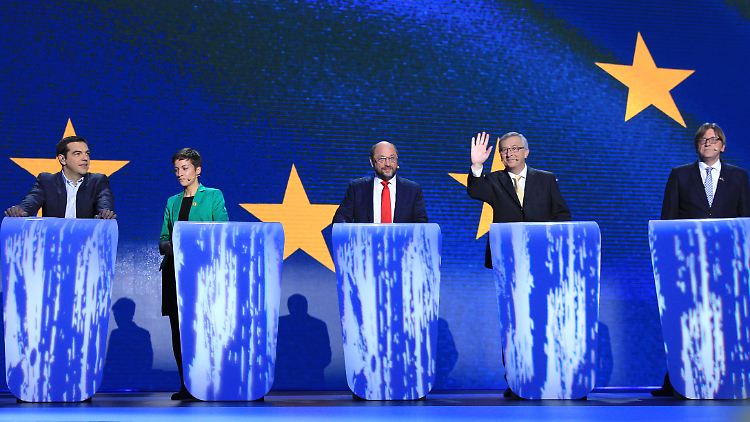 Diese Kandidaten wollen EU-Kommissionspräsident werden: Alexis Tsipras (Linke), Ska Keller (Grüne), Martin Schulz (Sozialdemokraten), Jean-Claude Juncker (Konservative) und Guy Verhofstadt (Liberale)